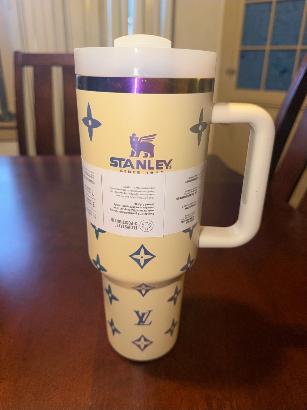 Stanley Cream and Purple LV Insulated Travel Mug with Handle